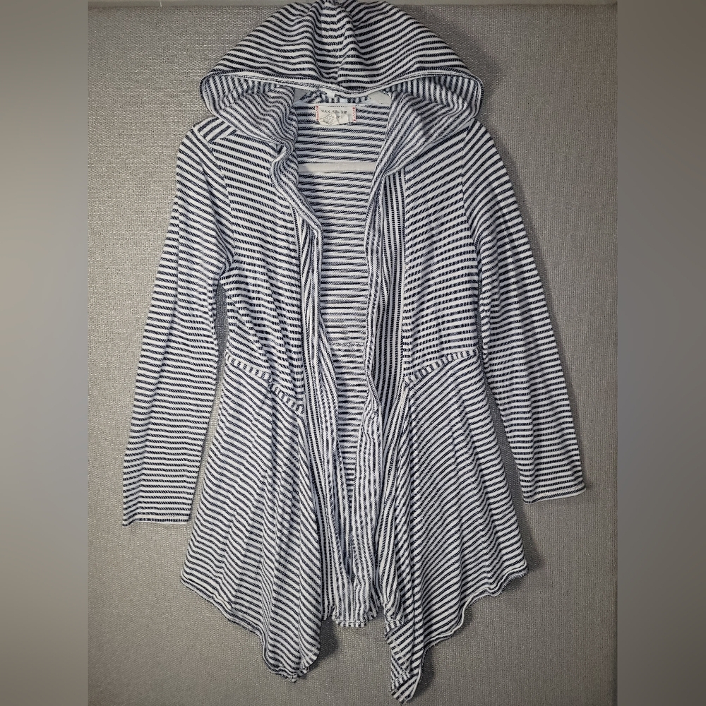 Max Studio Size Medium Blue White Striped Knit Open Front Hooded Cardigan